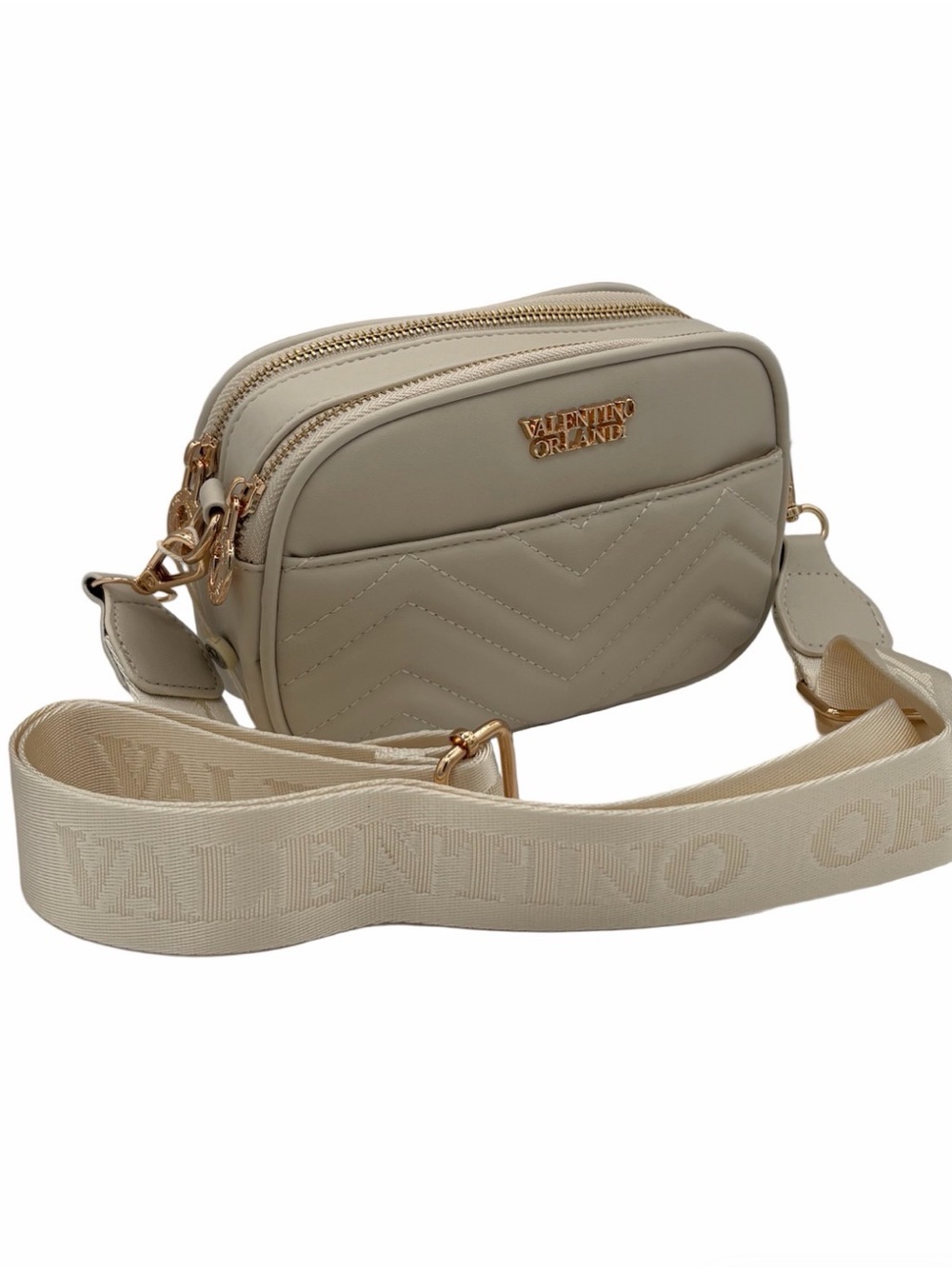 Valentino Orlandi Cream Quilted Crossbody Bag with Logo Strap